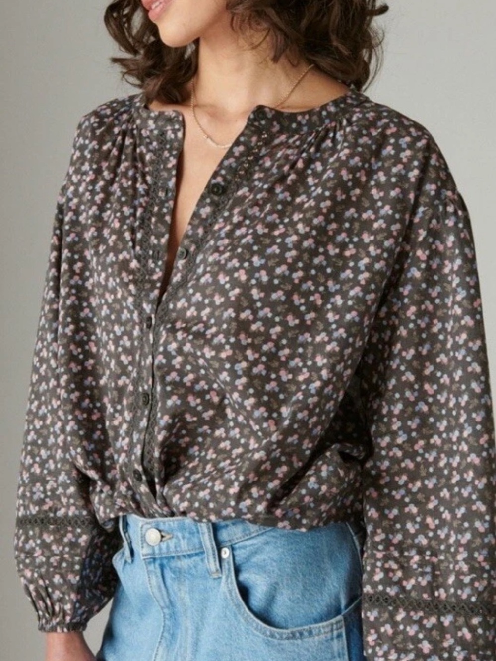 Lucky Brand Relaxed Button Through Boho Peasant Blouse Top In Black Floral XL